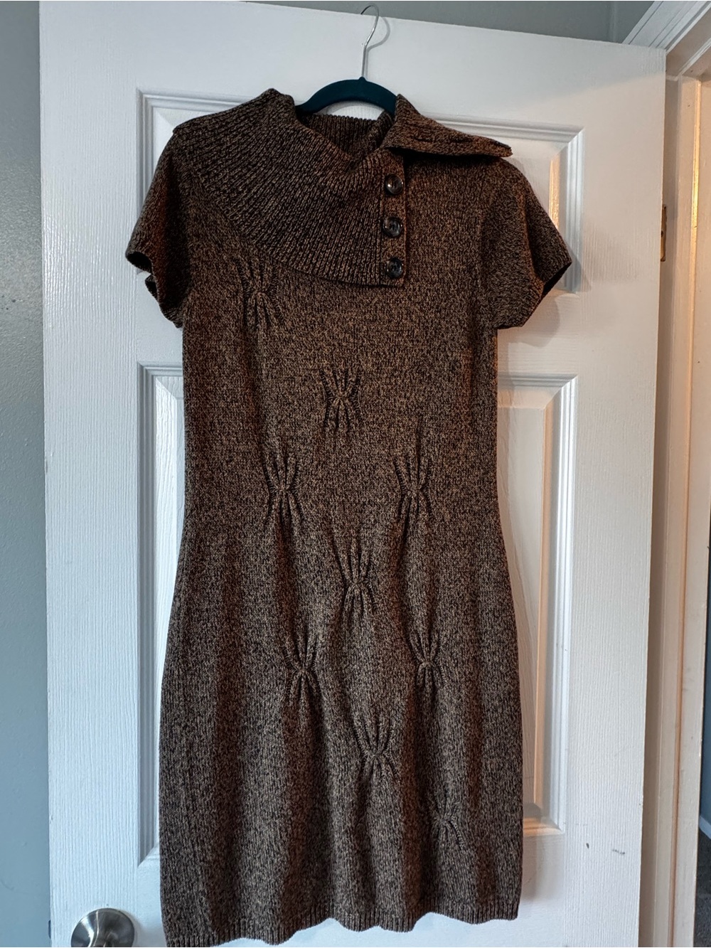 Jones Wear Brown Textured Knit Mini Dress with Buttoned Collar